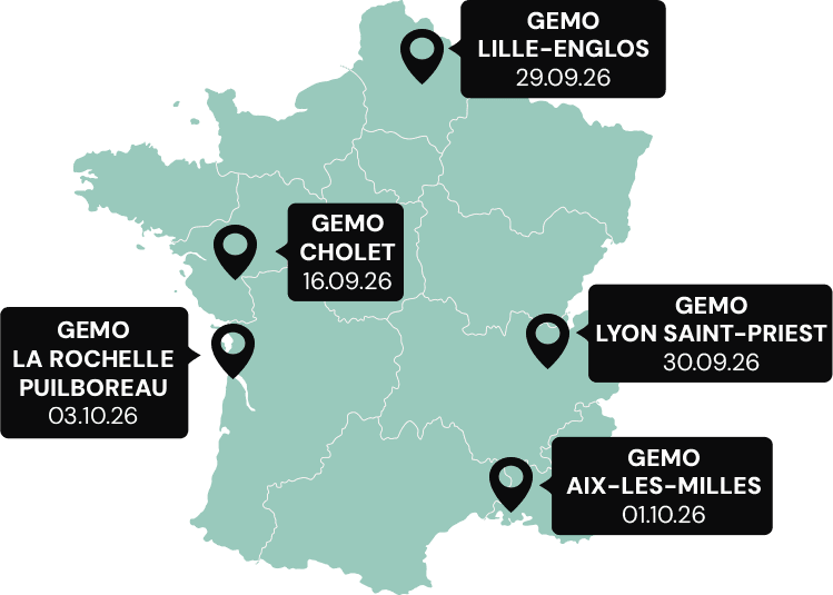 Carte de France des 5 sessions, toutes en magasin Gémo : Cholet le 16.09.26, Lille-Englos le 29.09.26, Lyon Saint-Priest le 30.09.26, Aix-les-Milles le 01.10.26 et La Rochelle Puilboreau le 03.10.26